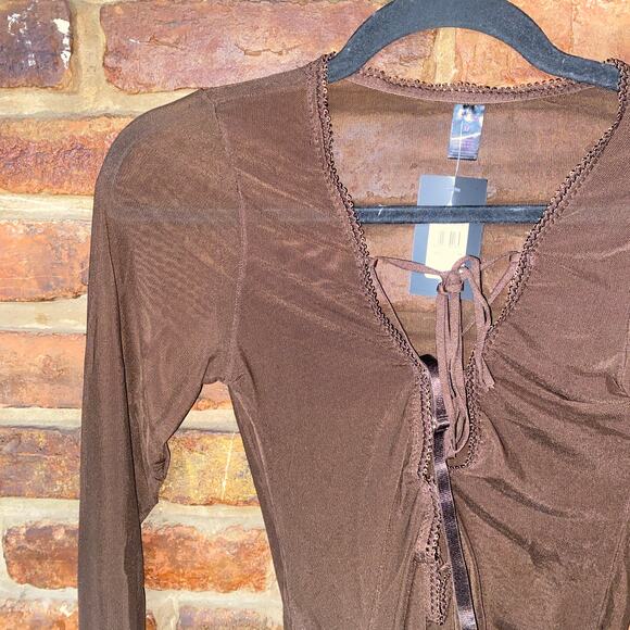 NWT Frederick's of Hollywood Brown Lola Lee Sheer Long Sleeve Bodysuit Medium - Picture 3 of 7
